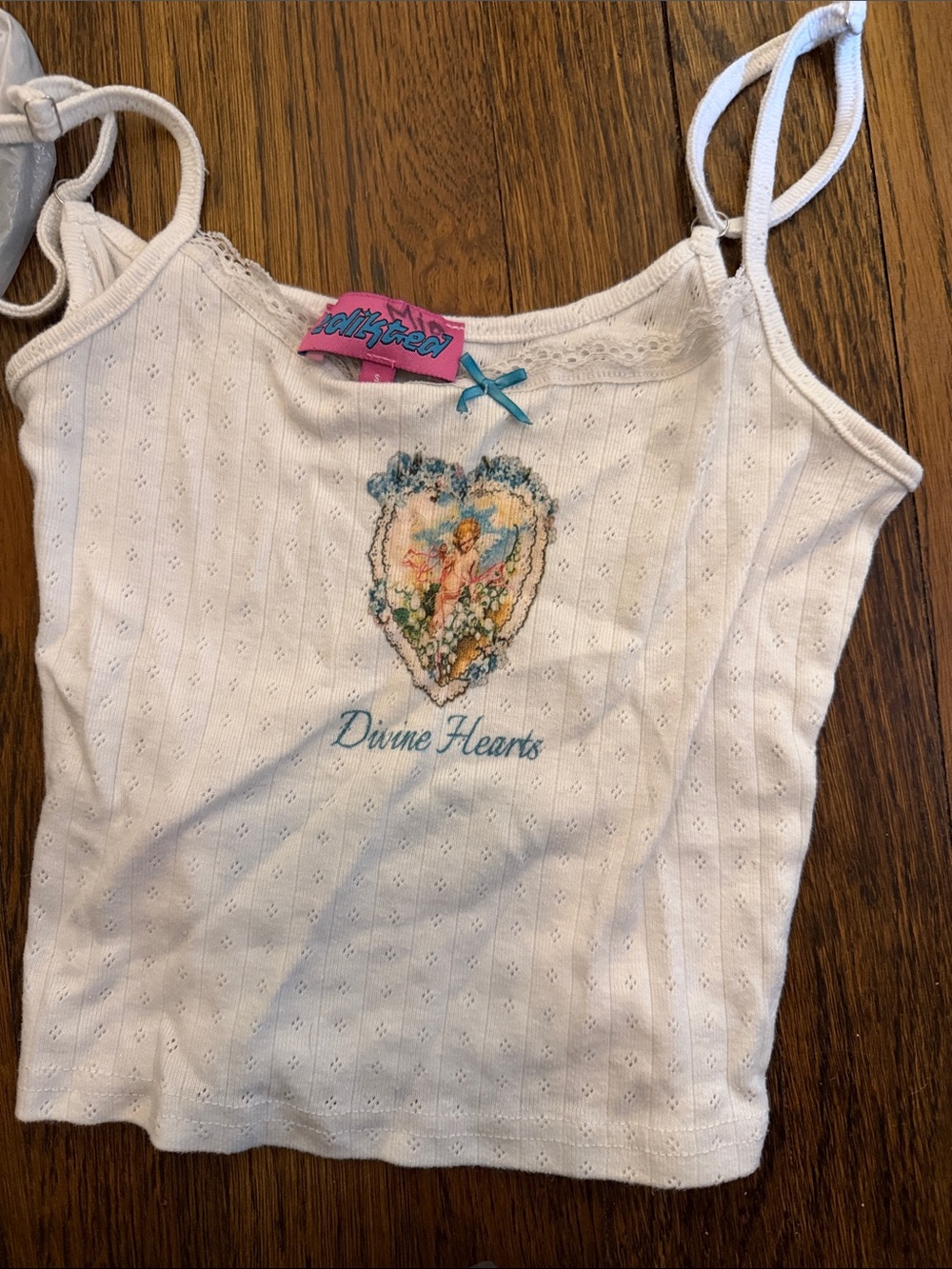 Divine Hearts White Ribbed Tank with Angel Motif edikted size small